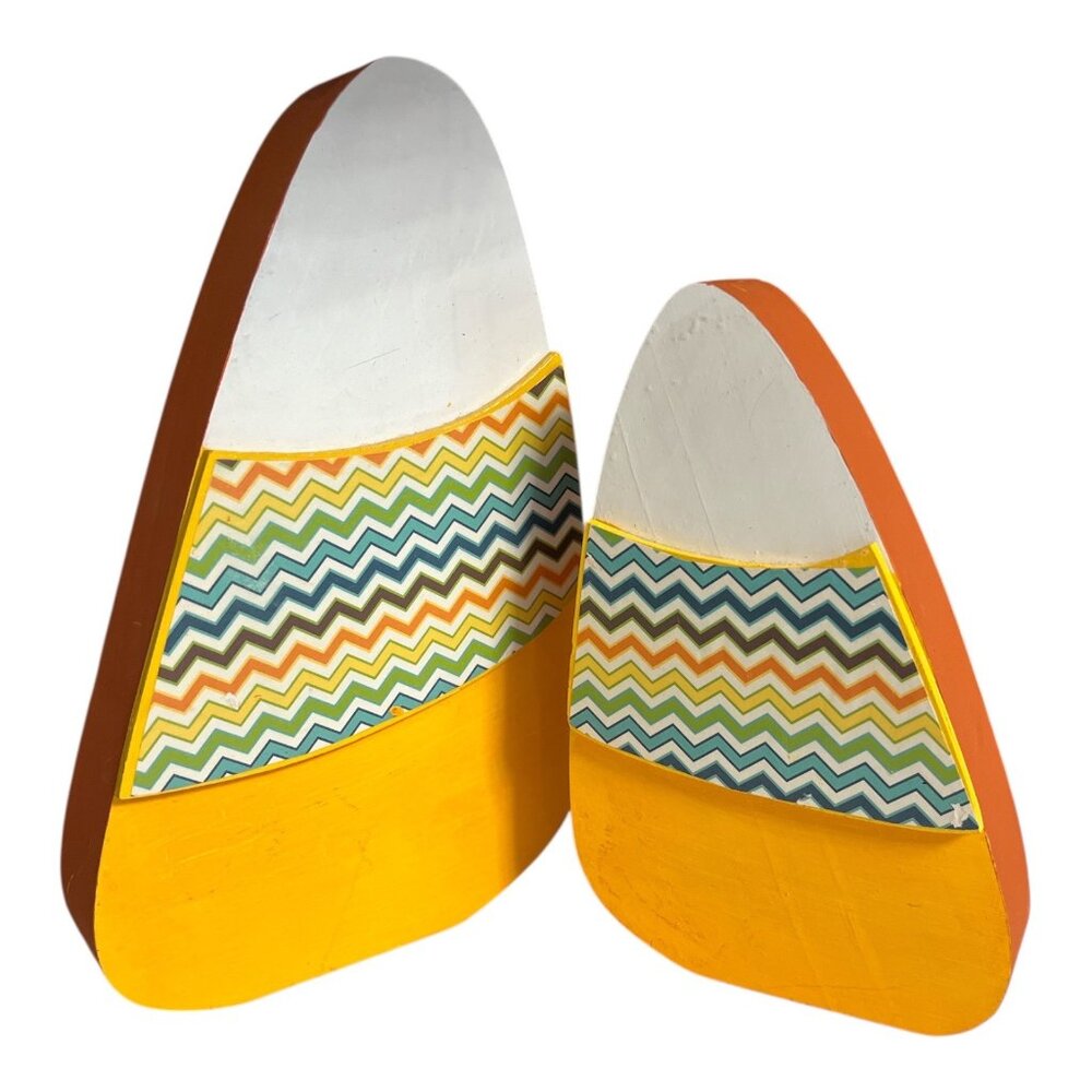 Set of 2 Wooden Candy Corn Decorations – 2010s Chevron Halloween Fall Rustic Far